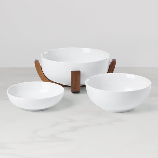 24 Seven White 3-Piece Nesting Bowl Set with Wood Stand